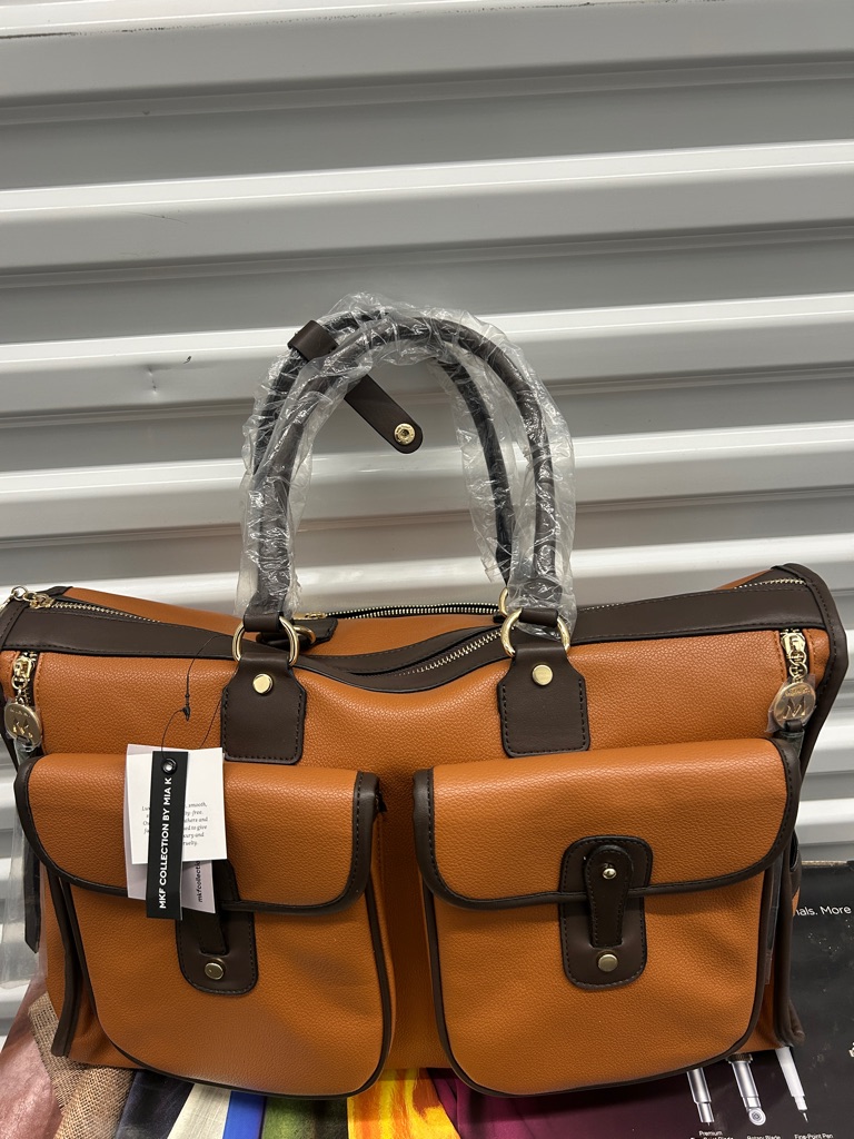 New Mia K Brown & Dark Brown Dual-Pocket Leather Tote